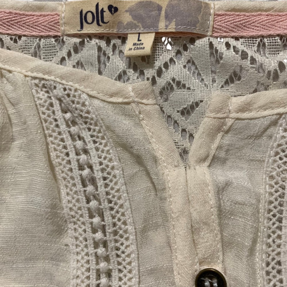 Jolt Ivory Crochet Lace Peasant Blouse Womens Large Boho Henley 3/4 Sleeve Top - Picture 3 of 3